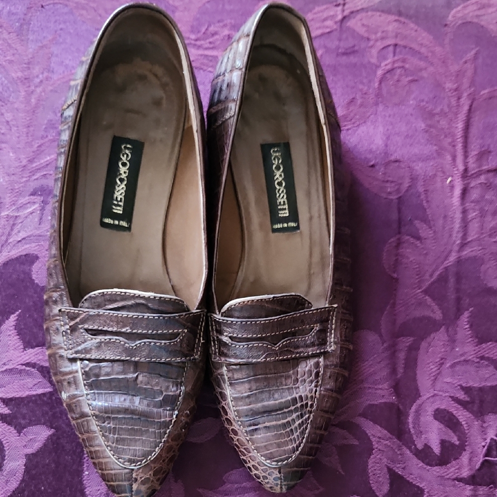 Brown Loafers made in Italy for Women, crocodile embossed leather